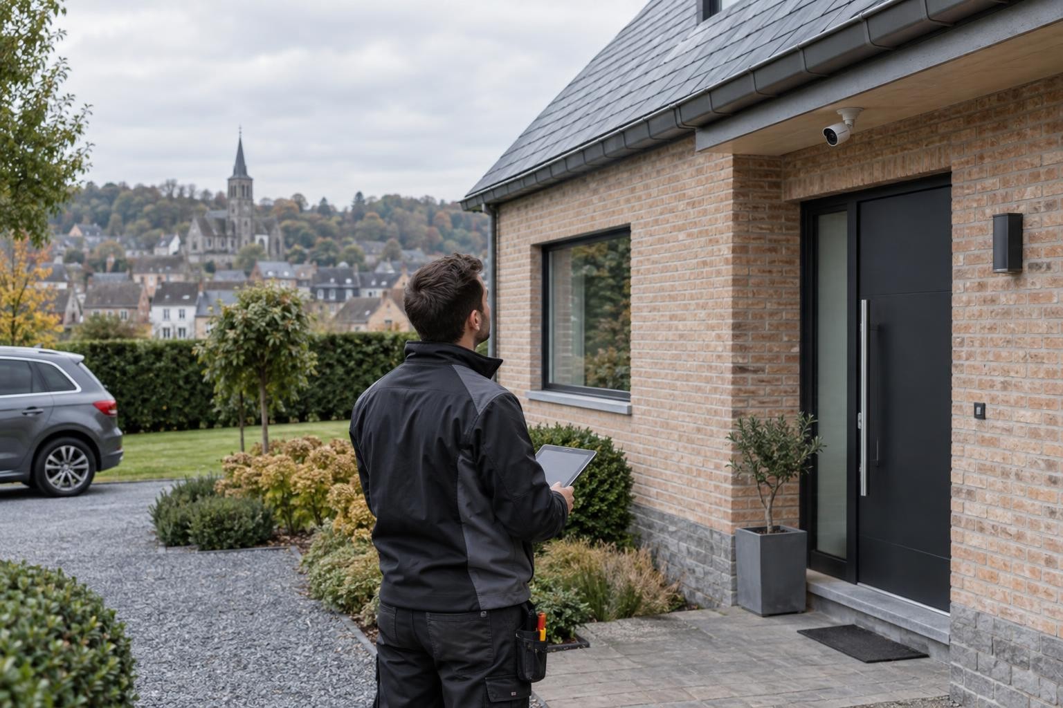 Installateur qui prépare l’emplacement d’une caméra de surveillance à l’entrée d’une maison belge