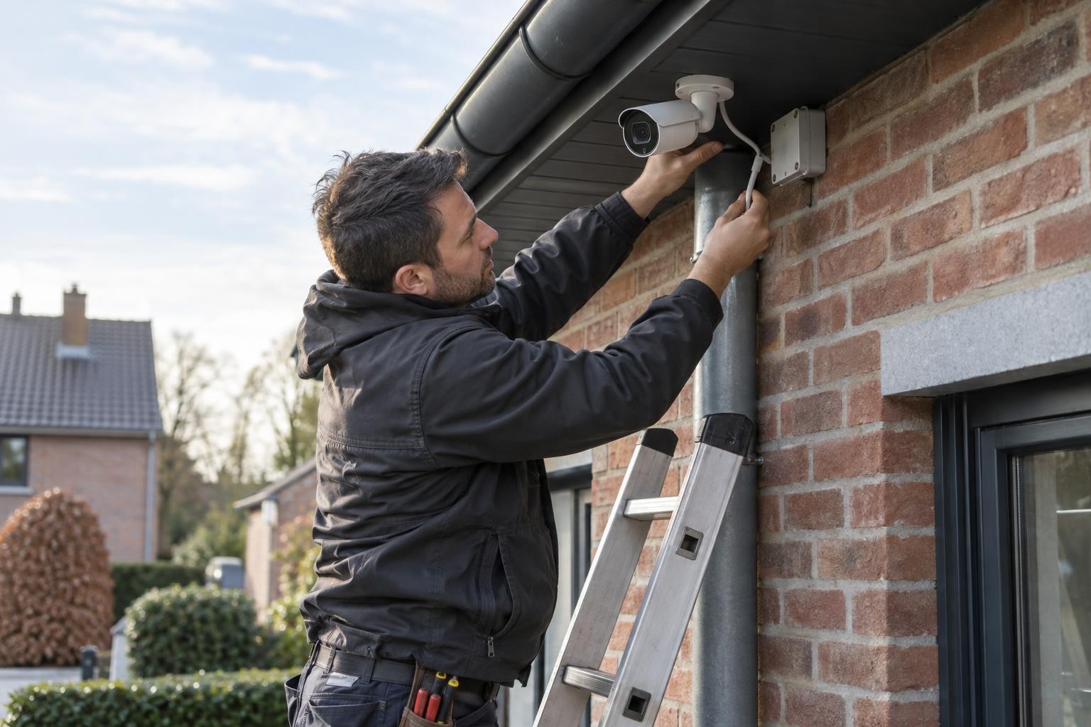 Technicien qui vérifie une caméra IP fixée sous l’avant-toit d’une habitation