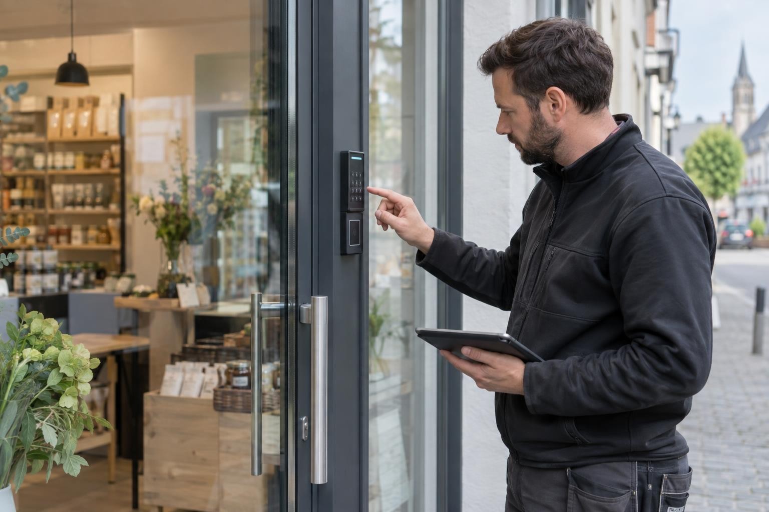 Installateur examinant un lecteur de contrôle d’accès à l’entrée d’un commerce