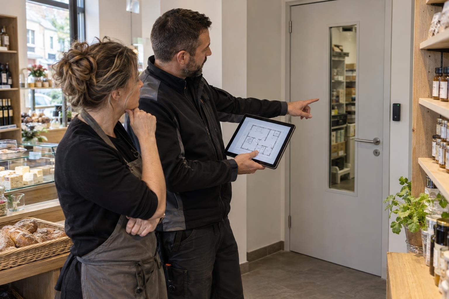 Commerçante et installateur repérant les zones et les portes d’un commerce