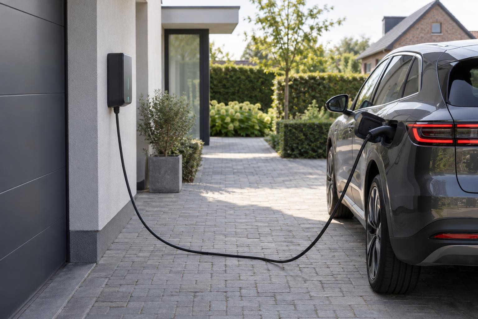 Borne de recharge murale reliée à une voiture dans l’allée d’une habitation