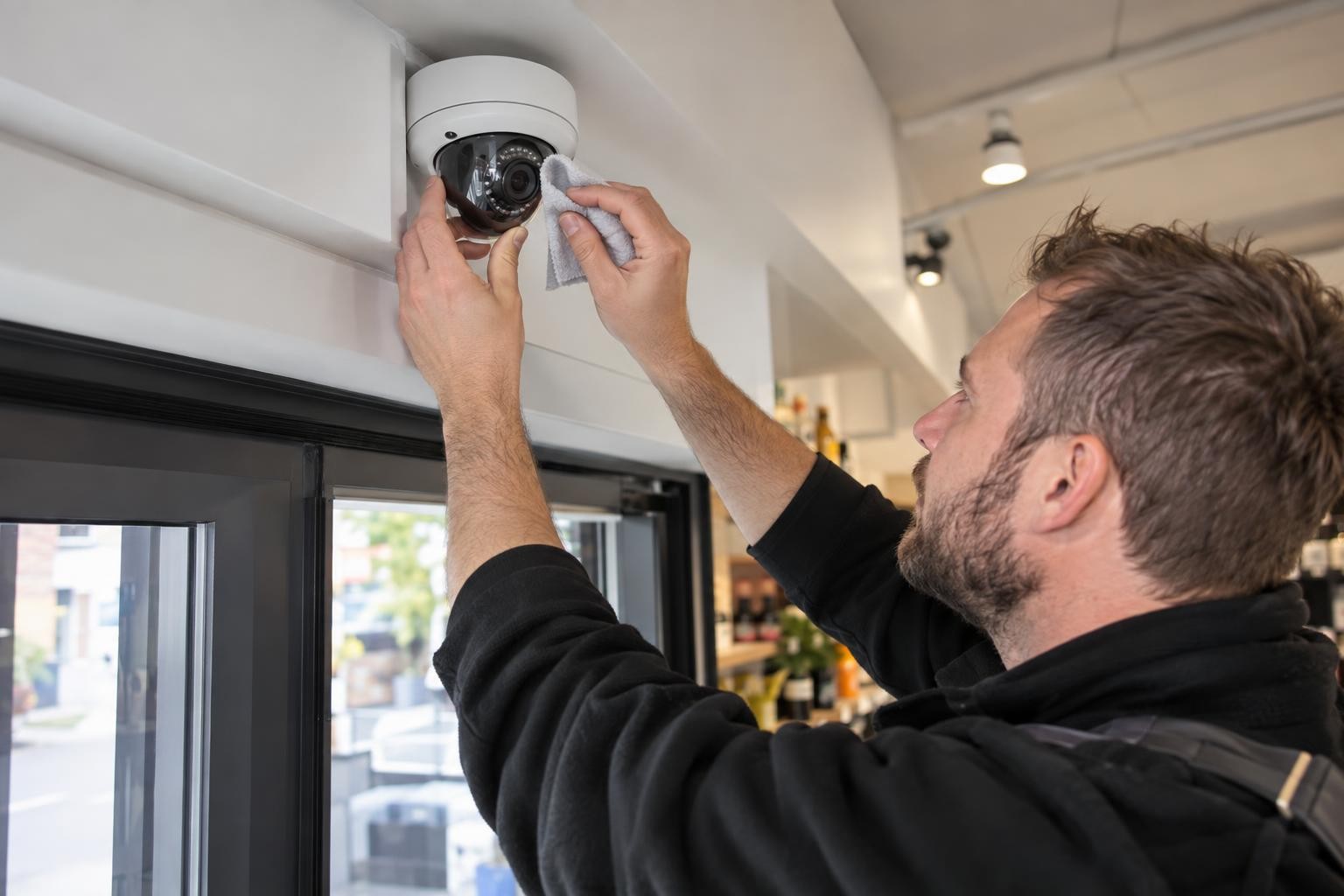 Technicien nettoyant avec précaution la lentille d’une caméra IP à l’entrée d’un commerce
