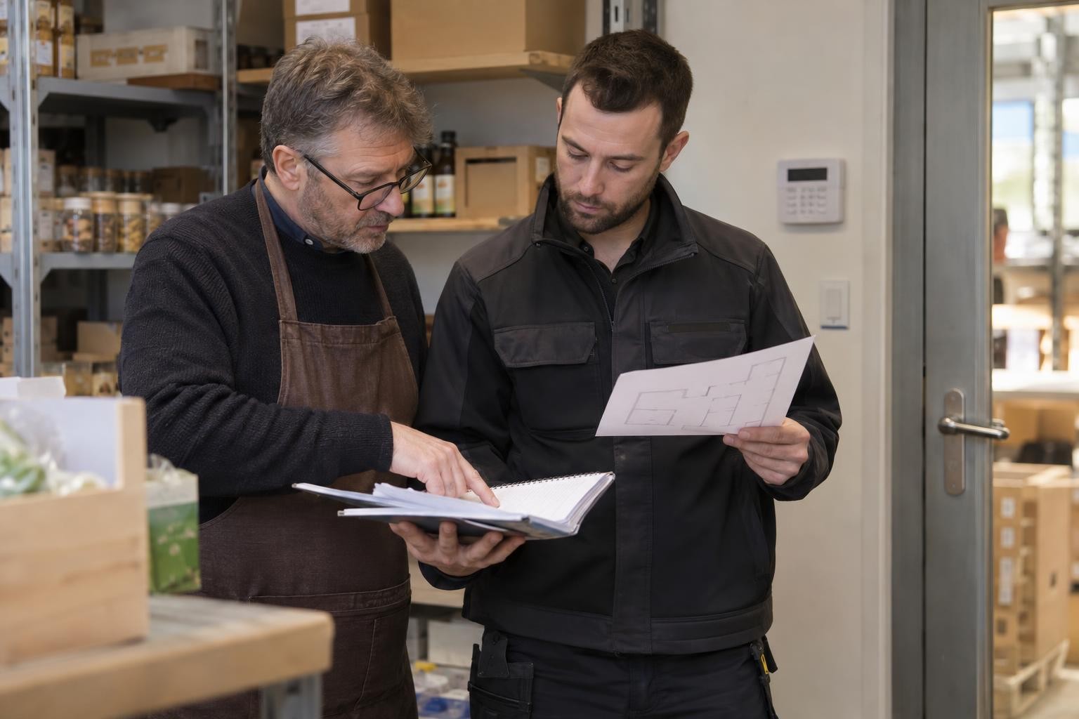 Commerçant et technicien préparant la vérification d’une alarme à partir d’un plan du commerce